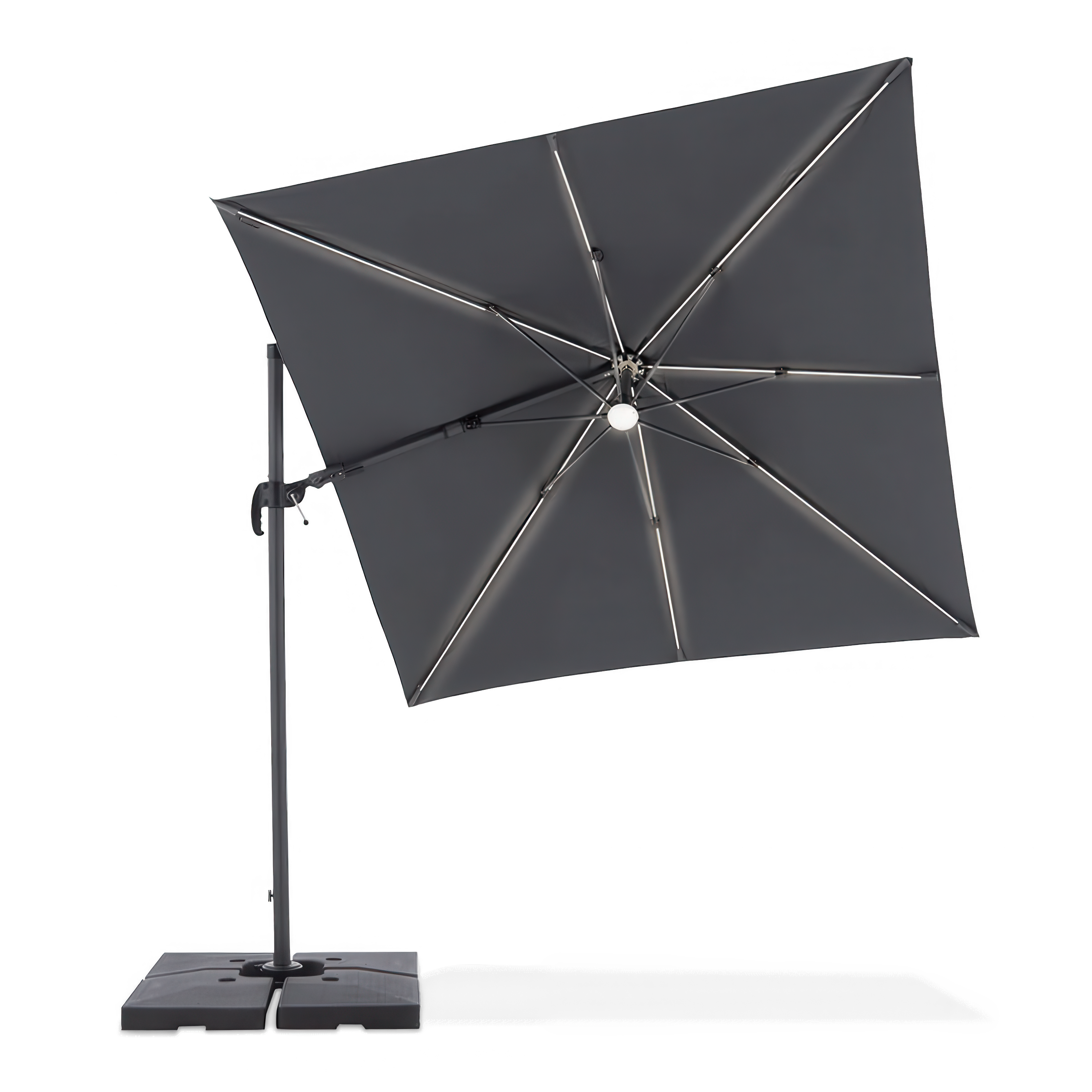 czarny parasol na taras z czarną podstawą i wysięgnikiem