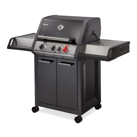 czarny grill gazowy na kółkach z czarną szafką