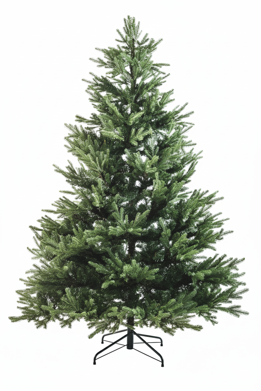 Umělý vánoční stromek jedle kavkazská HOLLY 210 cm na černém kovovém stojanu na bílém pozadí