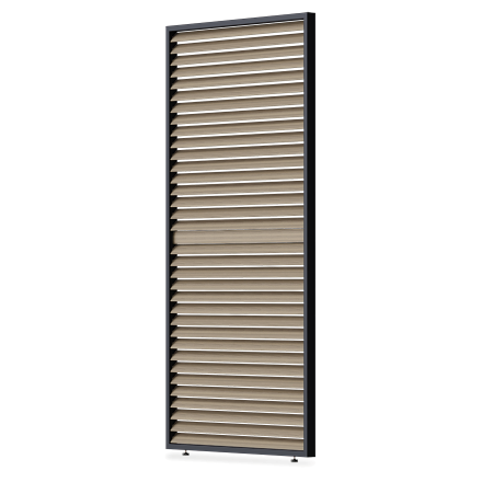 Lamellový panel s nastavitelnými lamelami Gutroof 1,2 m v dekoru Woodgrain s černým rámem v šikmém pohledu