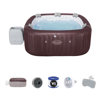 Nafukovací vířivka LAY-Z-SPA Maldives Smart HydroJet Pro v burgundské barvě s příslušenstvím a čerpadlem na bílém pozadí