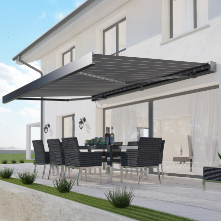 PRIME AUTOMATIC 450x300 GREY/WHITE markýza na terasu s LED osvětlením a senzorem - Gutroof