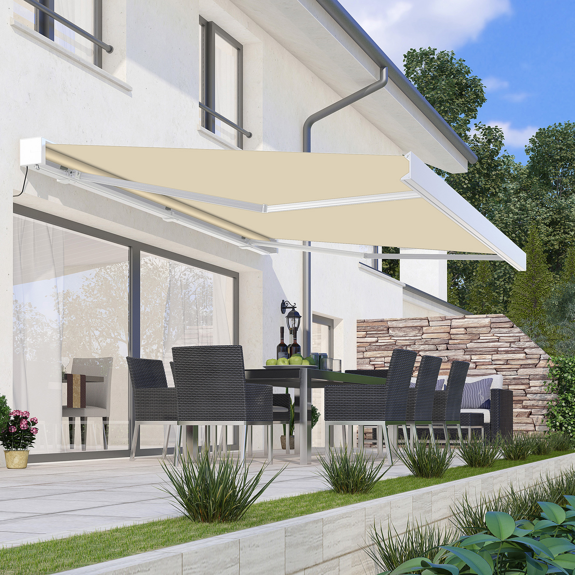 PRIME AUTOMATIC 400x300 BEIGE markýza na terasu s LED osvětlením a senzorem větru/slunce - Gutroof