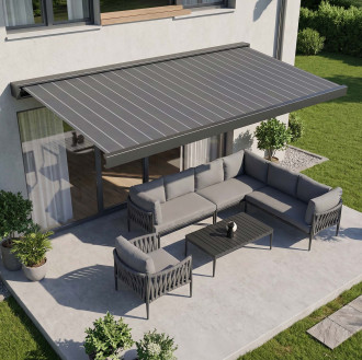Markýza na terasu PRIME AUTOMATIC 400x300 GREY/WHITE s LED osvětlením a senzorem větru/slunce - Gutroof