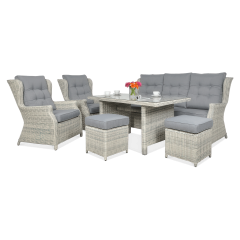 Zahradní set z umělého ratanu TRIVENTO 3 DINING White Grey se stolem, pohovkou, křesly a pufy se šedými polstry
