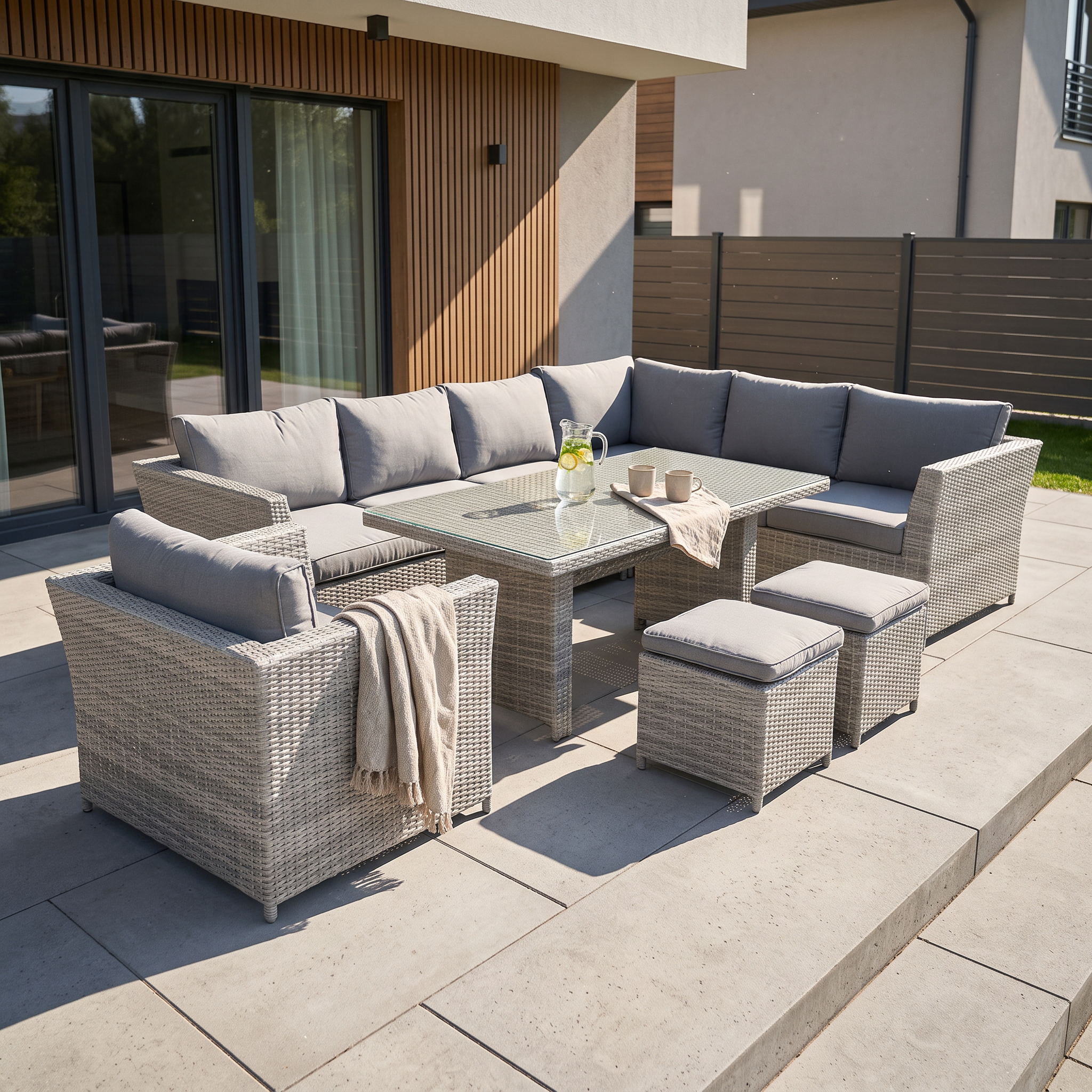 Šedá zahradní rohová sestava Bjørkka MONIZ DINING PLUS s jídelním stolem, křeslem a dvěma taburety na černém pozadí