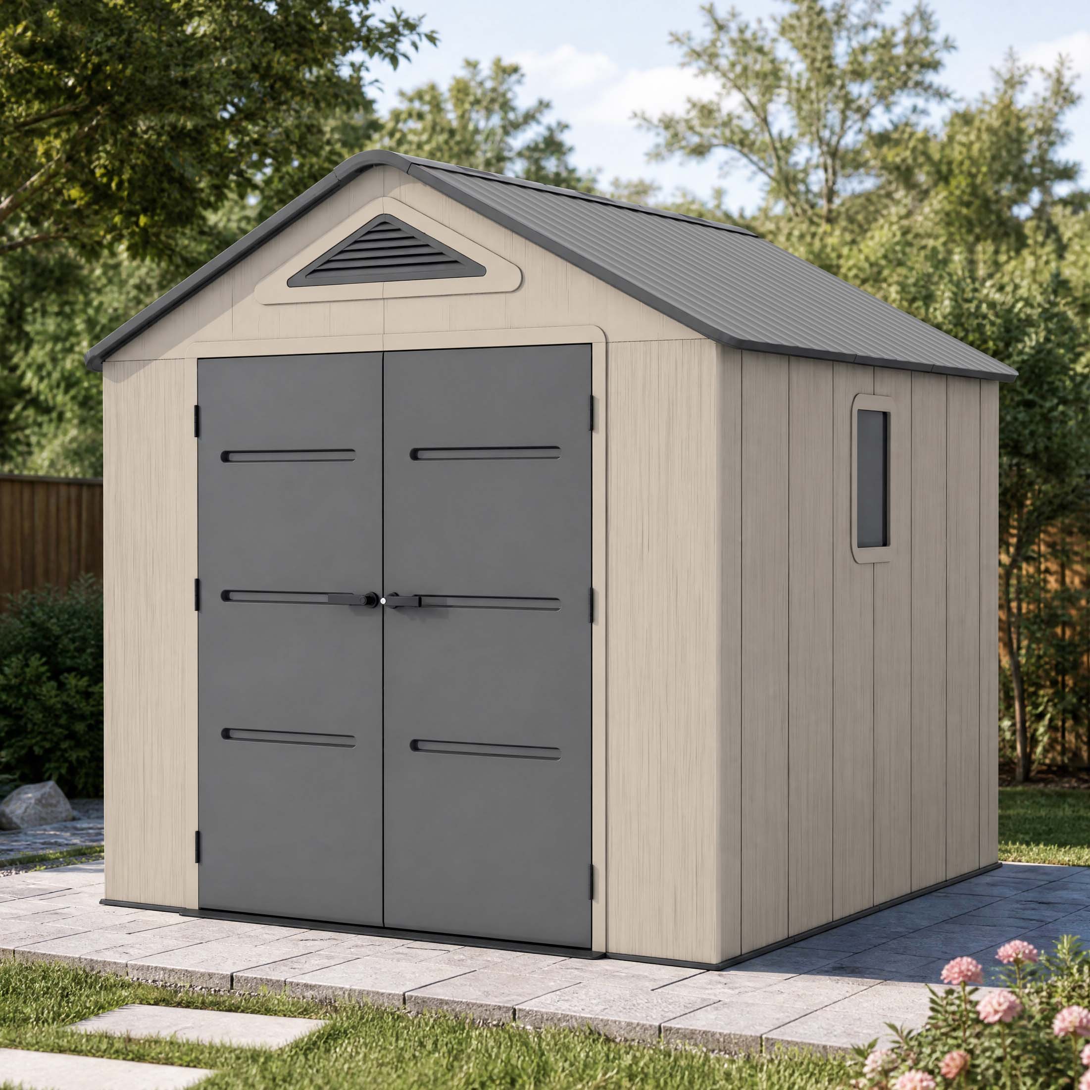 Zahradní domek EVEREST 8x8 Cold Grey od Hardmaister se šedými dvoukřídlými dveřmi na zahradní terase