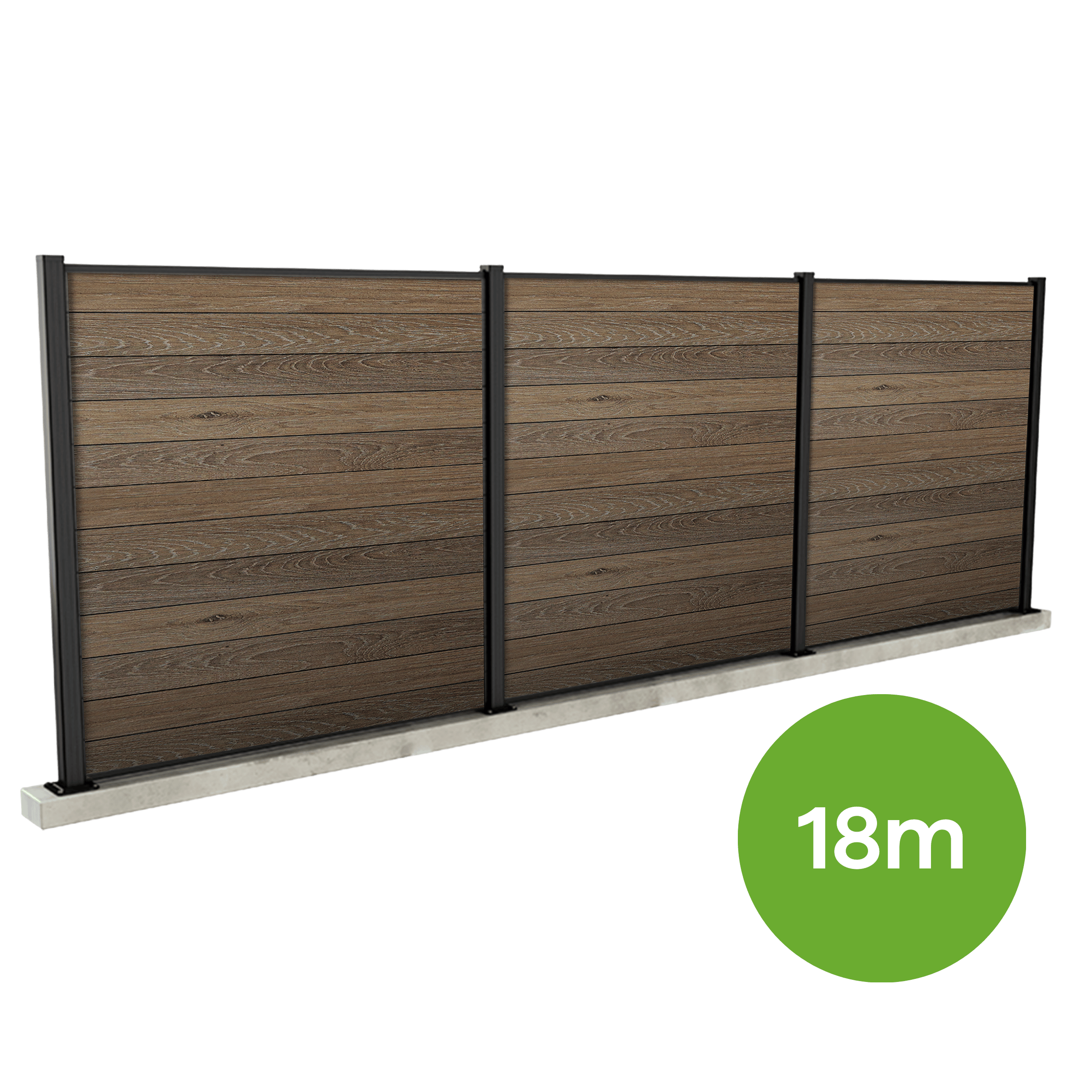 Kompozitová zahradní zídka Keter Walnut v délce 18 m s černými sloupky na pevném podkladu v grafice s cechami produktu