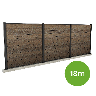 Kompozitová zahradní zídka Keter Walnut v délce 18 m s černými sloupky na pevném podkladu v grafice s cechami produktu