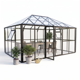 Oranzeria zimowa BROADWAY Black 436x295cm Solid PC+ Glass - Gutroof, na ogrodzie, czarna, szklany dach, wśród kwiatów i roślin