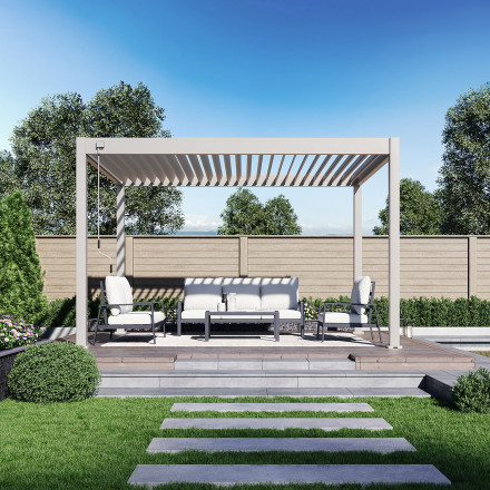 Hliníková pergola ELEGANCE 3x4 v pískové béžové barvě s posezením na zahradní terase