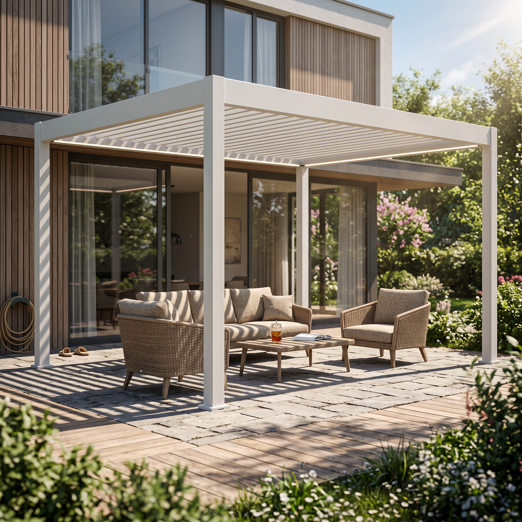 Bílá hliníková pergola Gutroof ELEGANCE AUTOMATIC 3x4 m s LED osvětlením na bílém pozadí