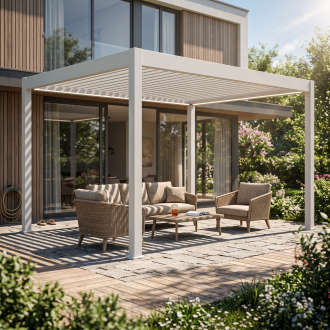 Bílá hliníková pergola Gutroof ELEGANCE AUTOMATIC 3x4 m s LED osvětlením na bílém pozadí