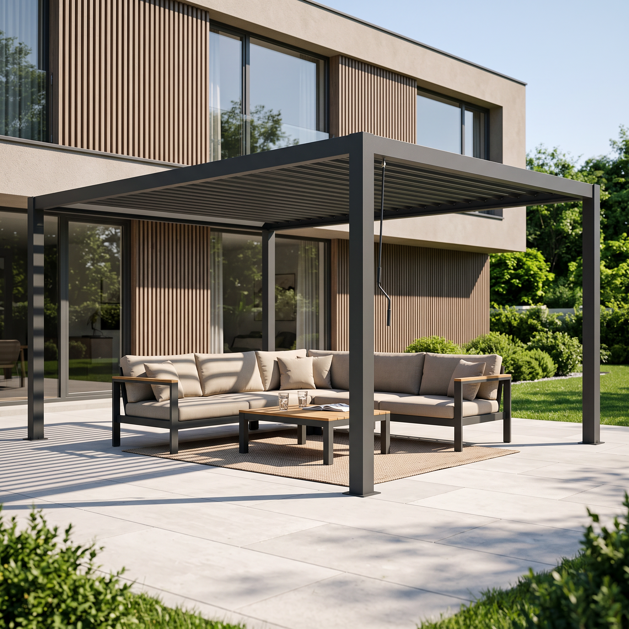 Zahradní pergola 4x4 PRIMARY Anthracite Gutroof v antracitové barvě s nastavitelnou lamelovou střechou a klikou