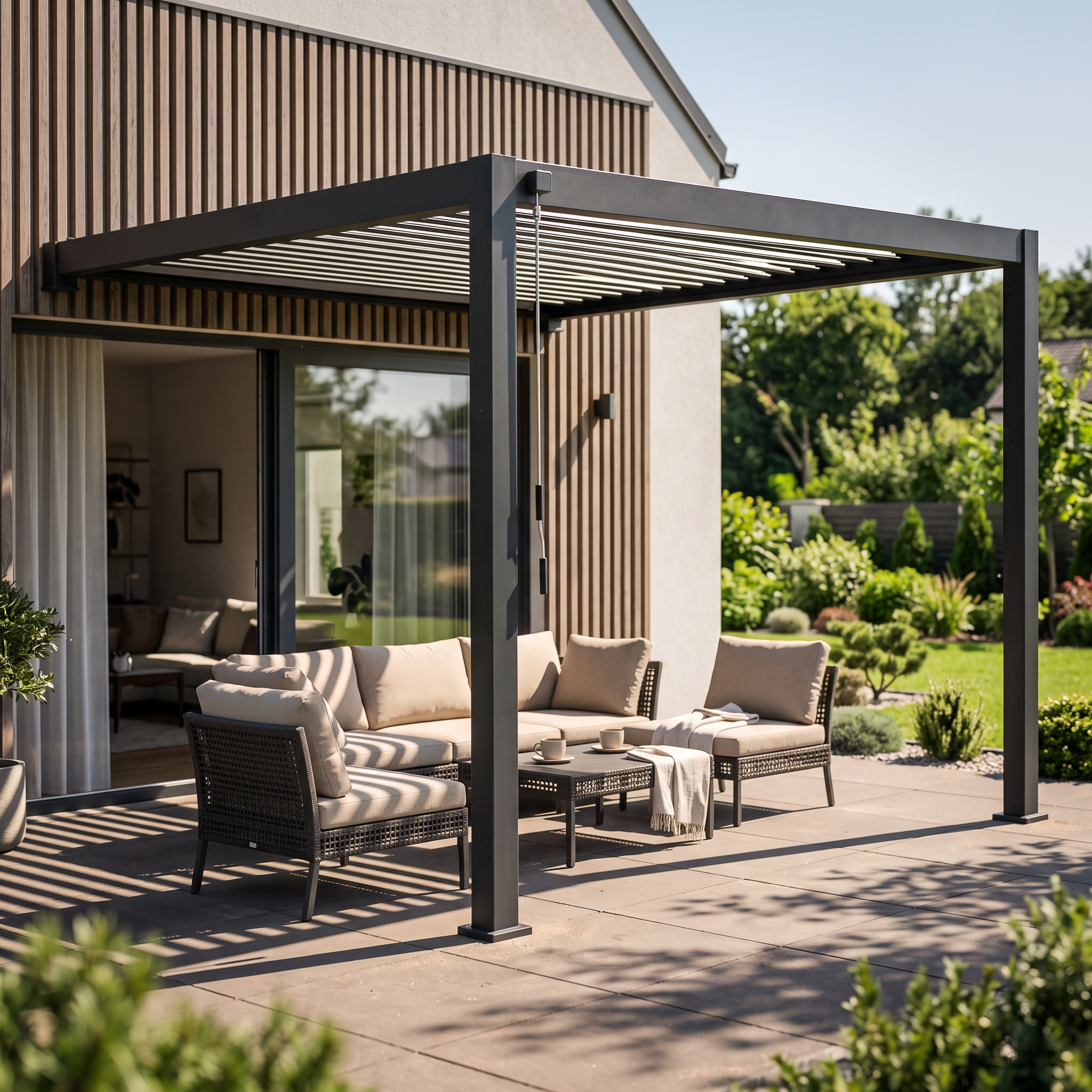 Antracitová hliníková pergola ke zdi Gutroof Premium Wall 3x4 m s klikou na ovládání střešních lamel na černém pozadí