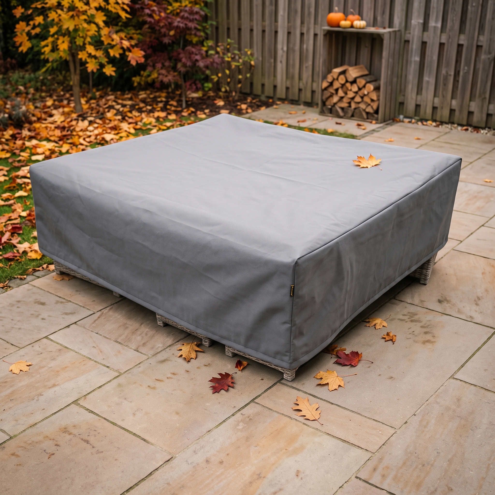 Šedý ochranný obal na zahradní nábytek 300x300x70 cm překrývající rohovou soupravu