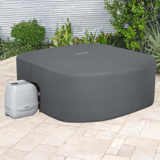 Šedý termokryt Lay-Z-Spa EnergySense o rozměrech 201x201x80 cm s externí filtrační jednotkou na zahradní terase