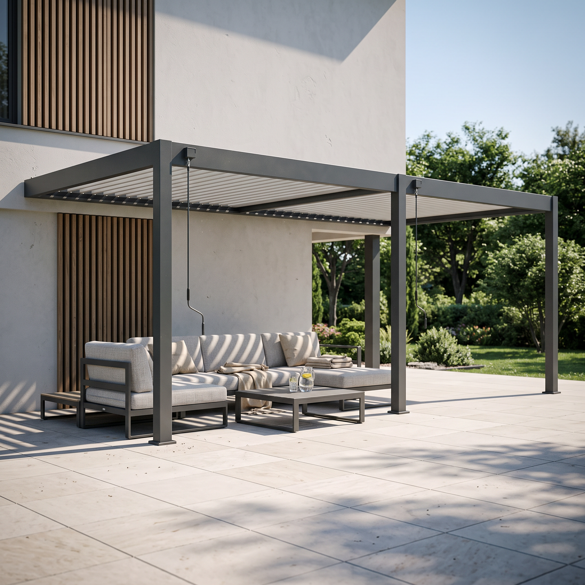 Antracitová hliníková pergola ke stěně Gutroof ELEGANCE WALL 3x6 m s nastavitelnou střechou na kličky na bílém pozadí