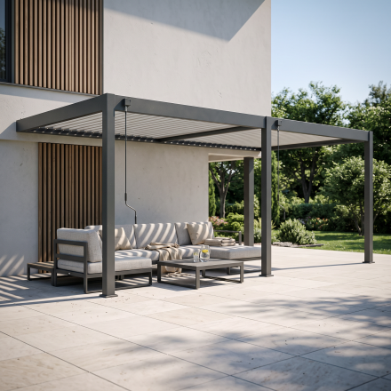 Antracitová hliníková pergola ke stěně Gutroof ELEGANCE WALL 3x6 m s nastavitelnou střechou na kličky na bílém pozadí