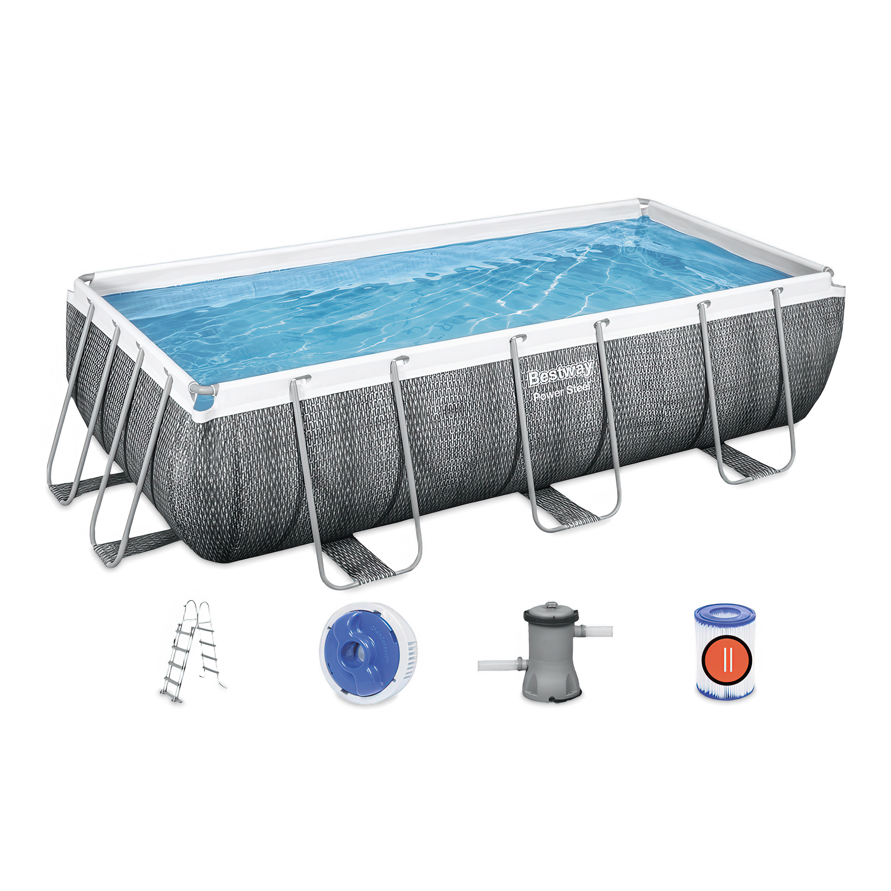 basen prostokątny ze stelażem w zestawie z drabiną z dozownikiem z pompą filtrującą i filtrami 