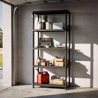 Šedý plastový regál Keter Planet Shelf 75/5 s pěti policemi na světlém pozadí
