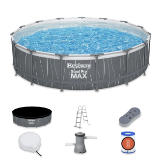 Kulatý nadzemní bazén Bestway Steel Pro Max 4,5x1m s LED osvětlením a příslušenstvím včetně schůdků, filtrace a ovladače
