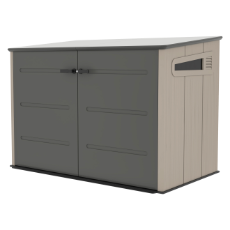 Zahradní domek TAHOMA 6.4x3.8 Cold Grey Hardmaister s dvojitými šedými dveřmi v pohledu z poloprofilu na černém pozadí
