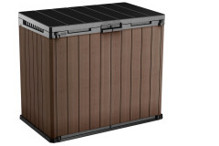 Hnědý zahradní úložný box Keter Store It Out DARWIN 1100 l s černým víkem v izolovaném záběru na bílém pozadí