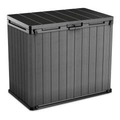 Šedý zahradní úložný box Keter Store It Out DARWIN 1100 l s uzavřeným víkem na černém pozadí