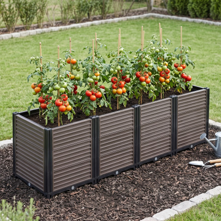 Předpěstovací box GROW BOX PLUS XL Cultivo plný čerstvé zeleniny umístěný na dřevěné terase na zahradě