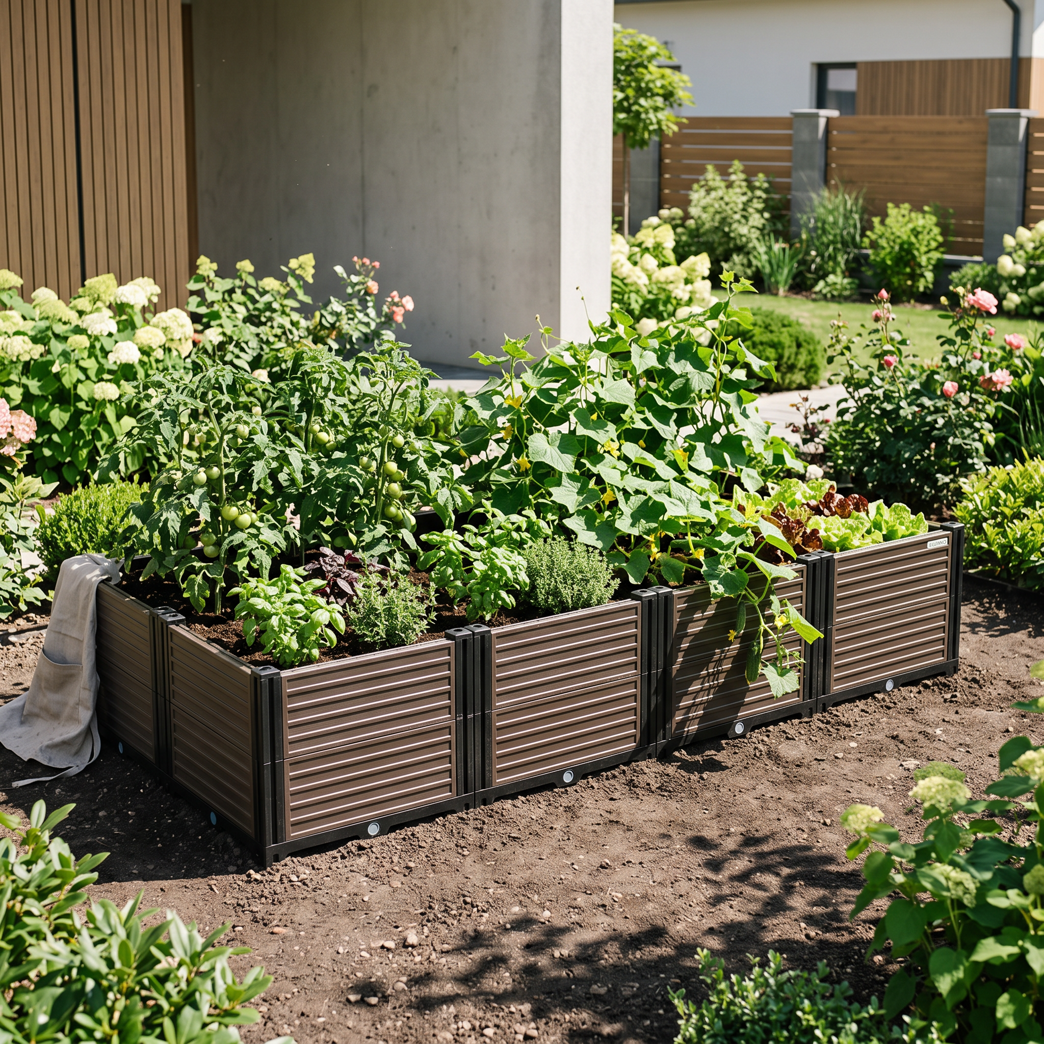 Vyvýšený záhon Cultivo TERRA CUBE L v hnědé barvě s černými spojovacími prvky v pohledu z polovičního profilu