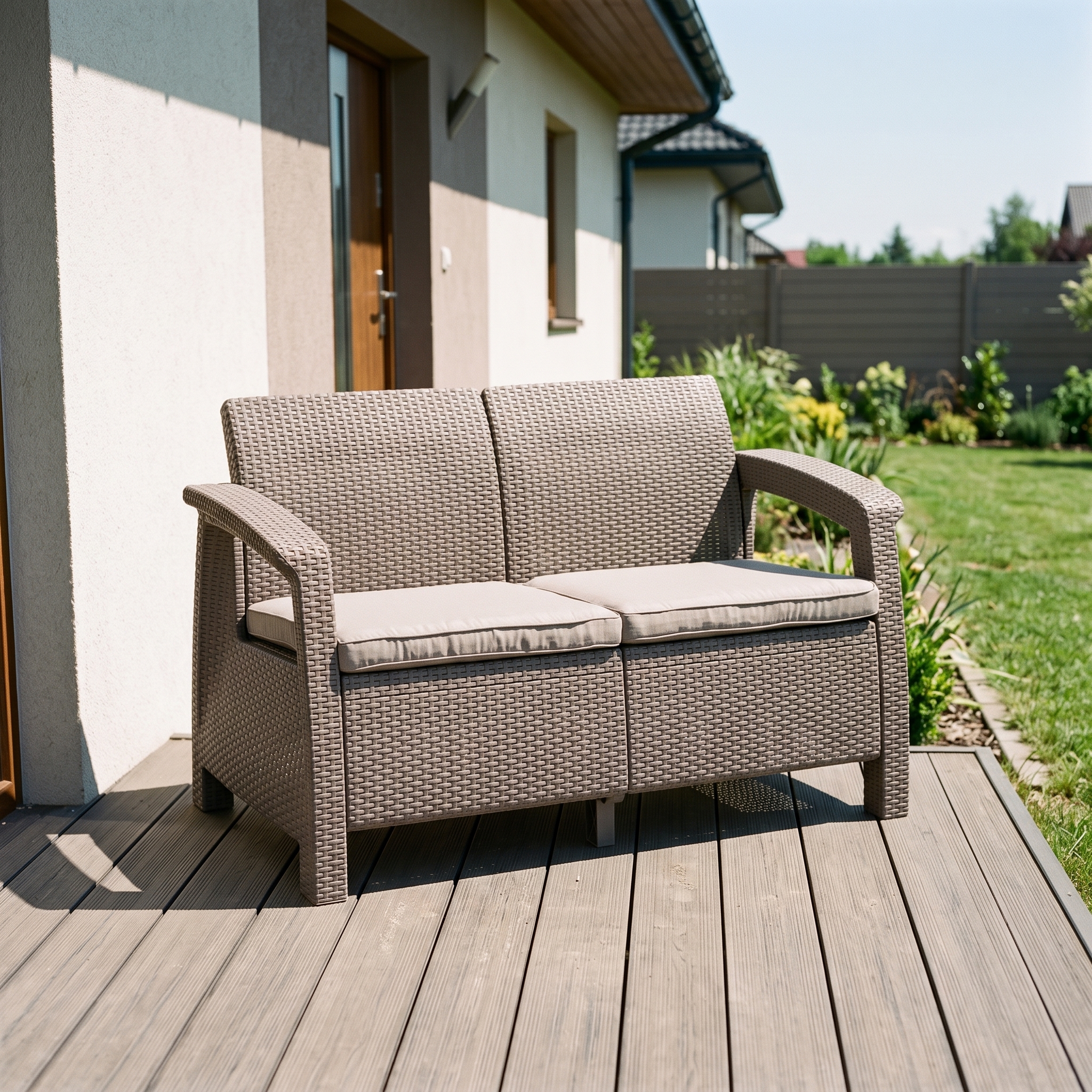 Zahradní pohovka Keter Corfu Love Seat v barvě cappuccino s poduškami na bílém pozadí