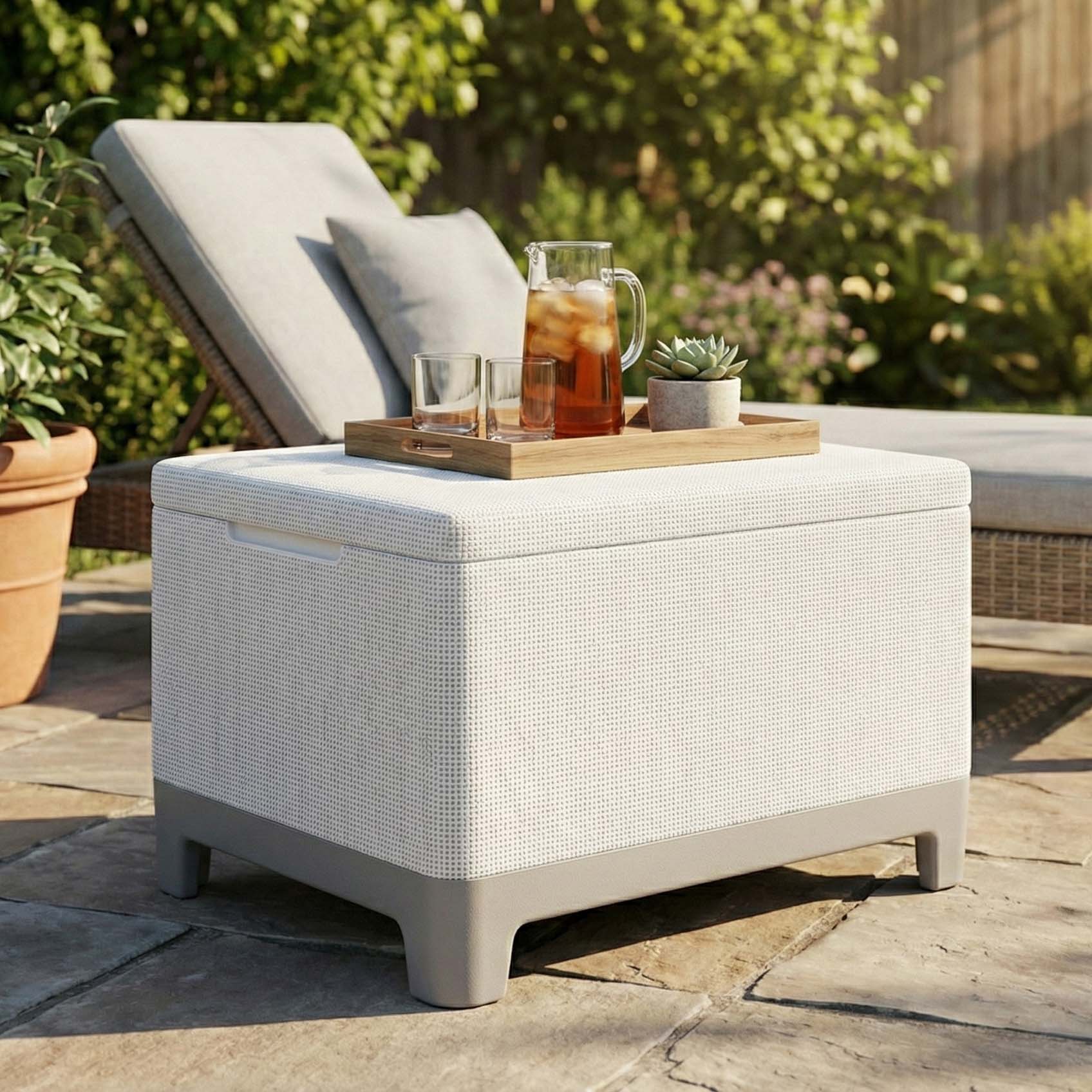 Zahradní odkládací stolek Keter Scandi Ash grey-Soft beige s tácem s nápoji na terase u lehátka