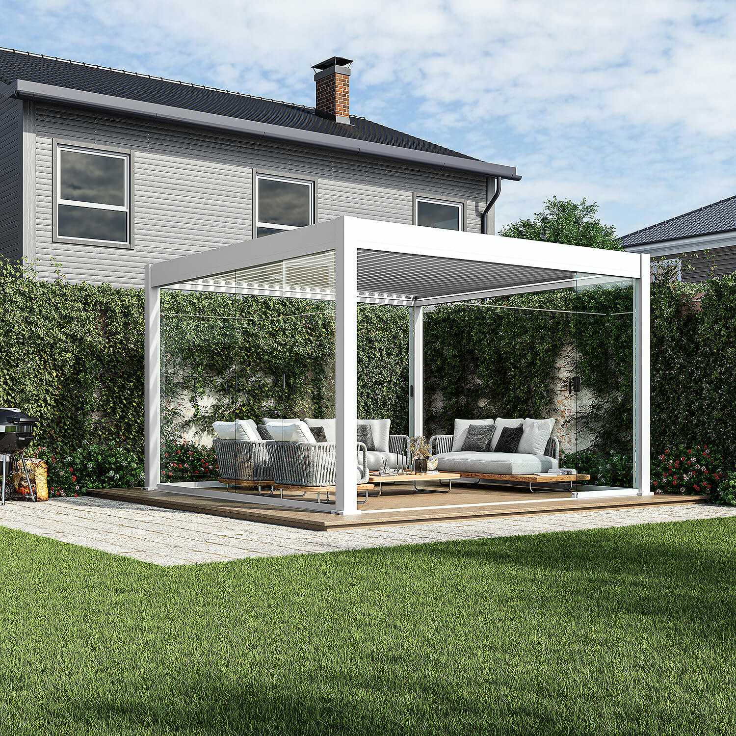 Posuvný skleněný panel pro pergoly ELEGANCE/DELUXE/FUSION 4m White v bílém rámu instalovaný v luxusní zahradní pergole
