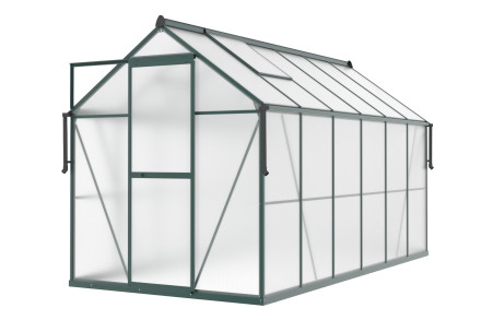 aranżacja ciemno zielonej szklarni "slide in" przed domem