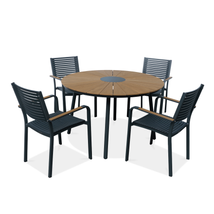 Czteroosobowy grafitowy zestaw jadalniany na ogród z okrągłym stołem tacoma