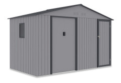 Světle šedý kovový zahradní domek Hardmaister FALCON 340x194 cm s dveřmi a oknem na bílém pozadí