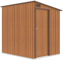 Kovový domek na nářadí JASPER 150x194 cm v barvě dub hnědý s jednokřídlými dveřmi na černém pozadí