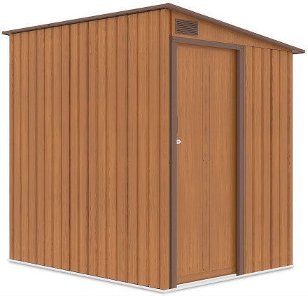 Kovový domek na nářadí JASPER 150x194 cm v barvě dub hnědý s jednokřídlými dveřmi na černém pozadí