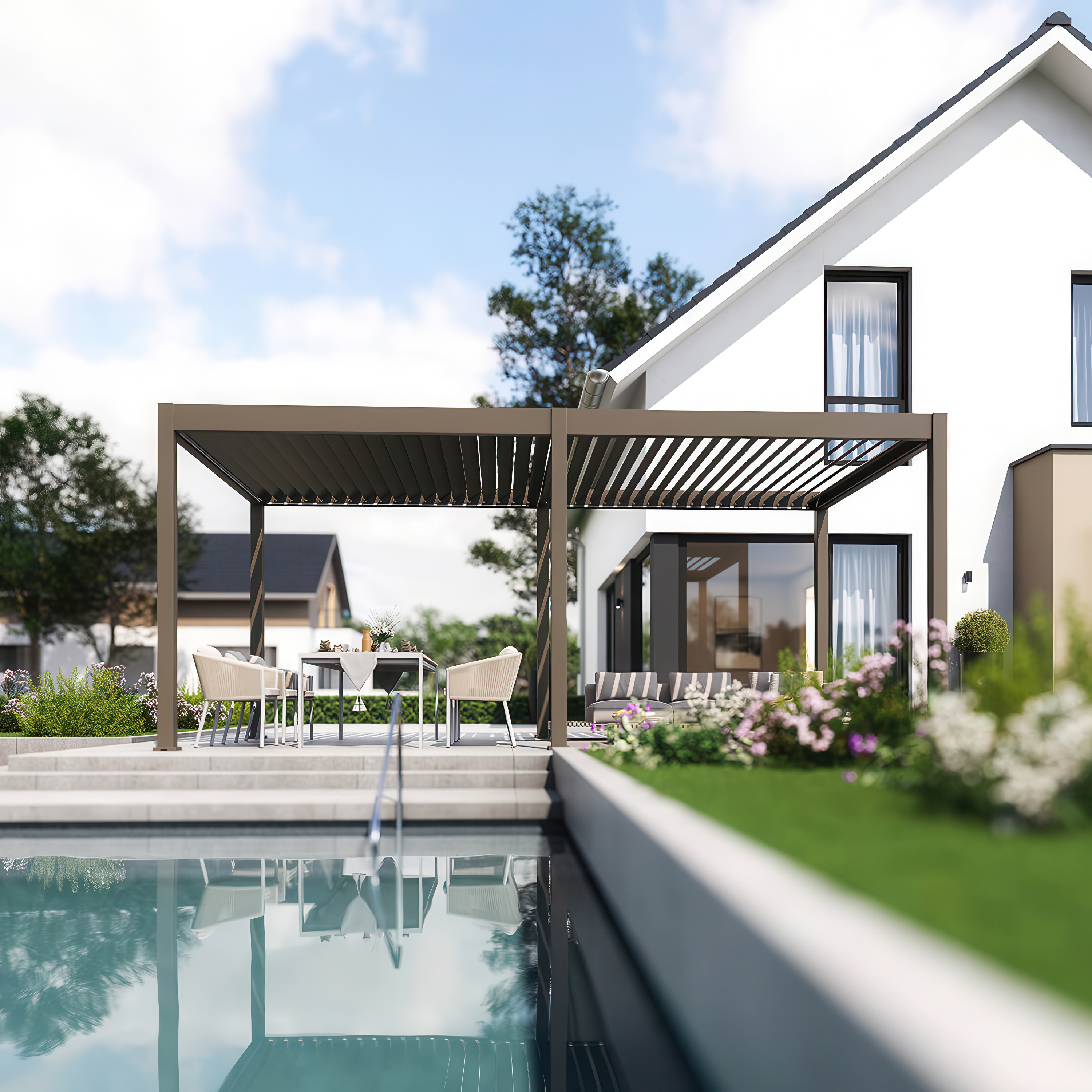 Vizualizace pergoly s osvětlením LED a zahradním nábytkem pod ní