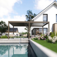 Vizualizace pergoly s osvětlením LED a zahradním nábytkem pod ní