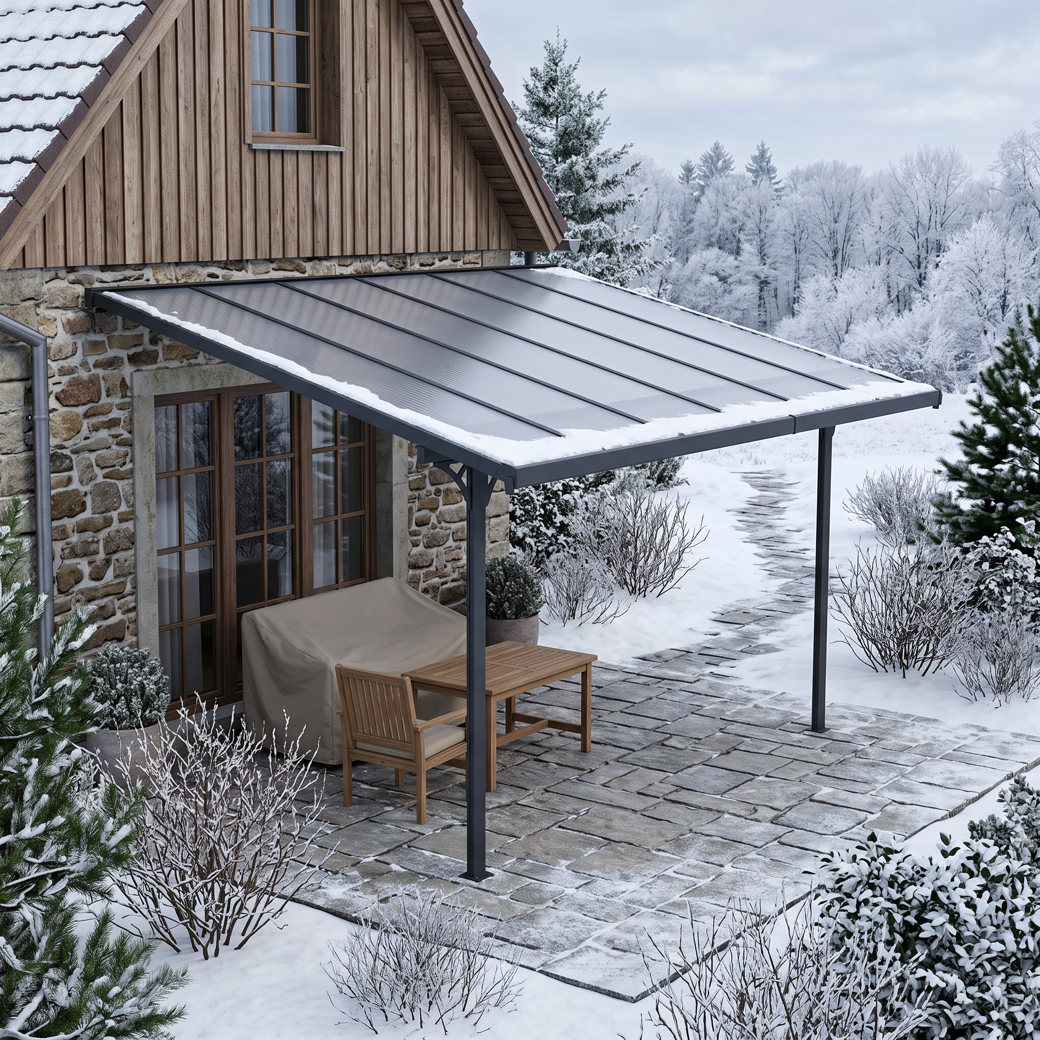 Šedá hliníková pergola Hardmaister Atlanta 3,7x3 m s polykarbonátovou střechou na bílém pozadí