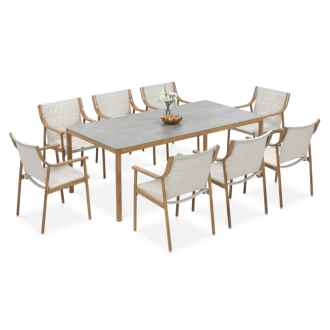 Zahradní jídelní set PATTAYA DINING Wood Look 8+1 se šedým stolem a světlými židlemi s dřevěným dekorem na černém pozadí