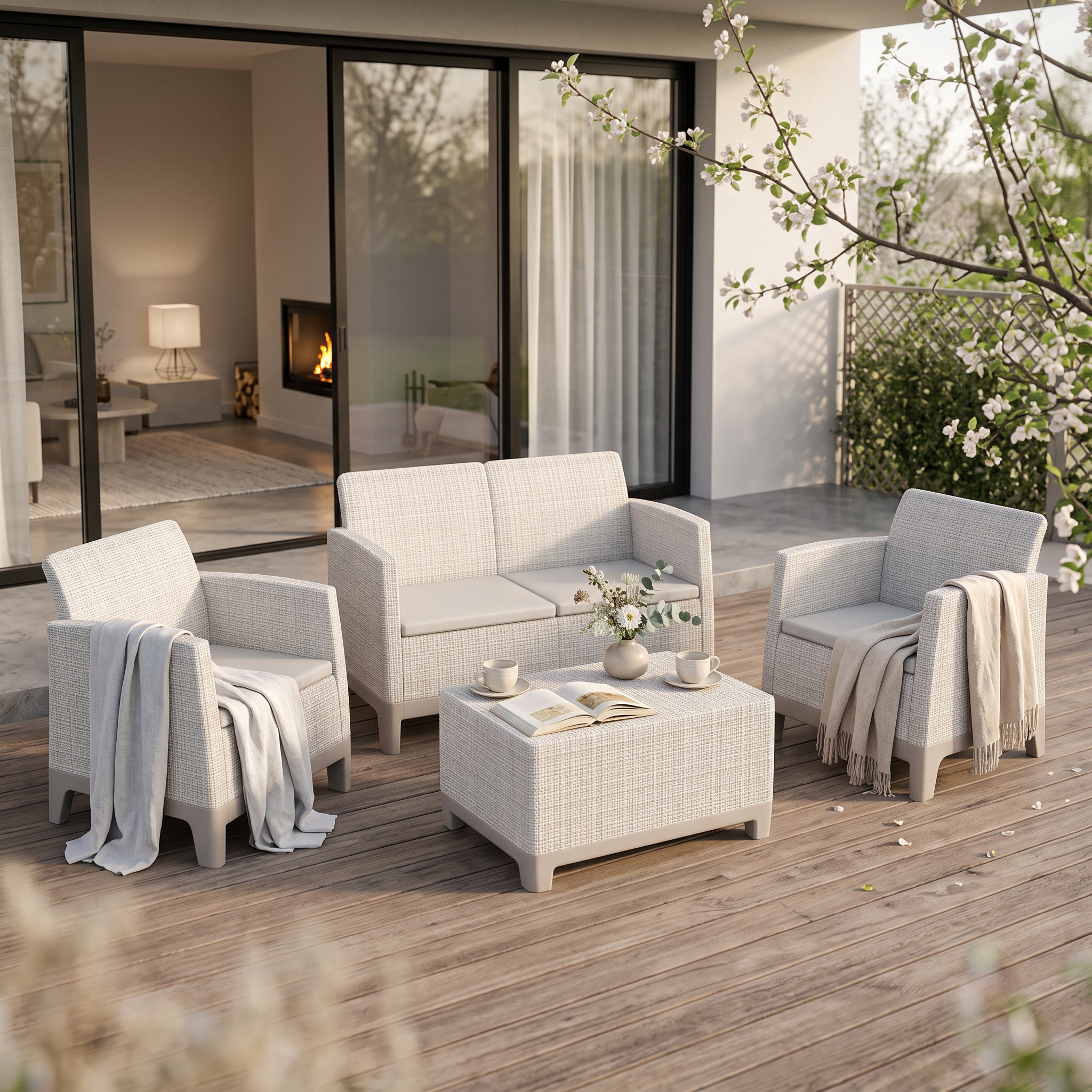 Zahradní sestava Scandi Forma Pebble Grey-Soft Beige v aranžmá na terase složená z pohovky, dvou křesel a stolku