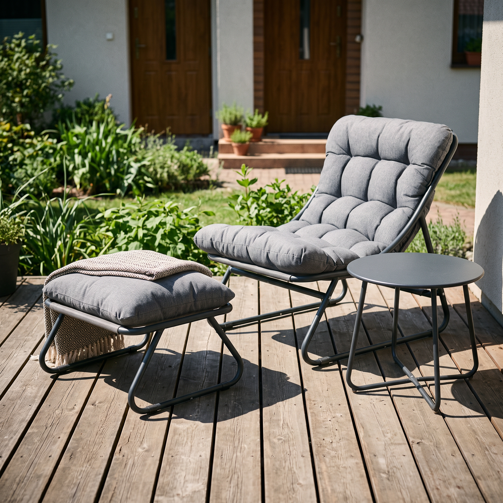 Zahradní set Bjørkka VISTA RELAX PLUS Dark Grey s křeslem, podnožkou a stolkem na terase