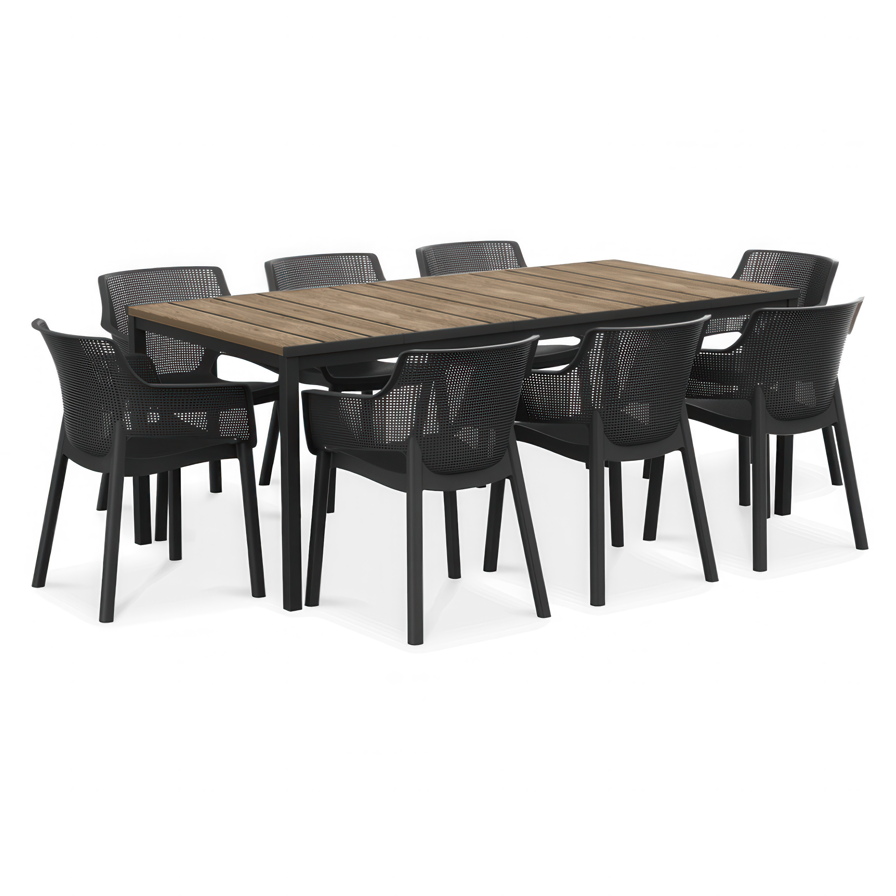 Zahradní jídelní set ELISA/PORTO 200 cm v barvě Graphite Ashwood Black Steel s obdélníkovým stolem a osmi černými židlemi