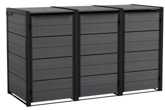Šedý přístřešek na 3 popelnice Keter Hide Away s černým rámem a rozšiřujícím modulem