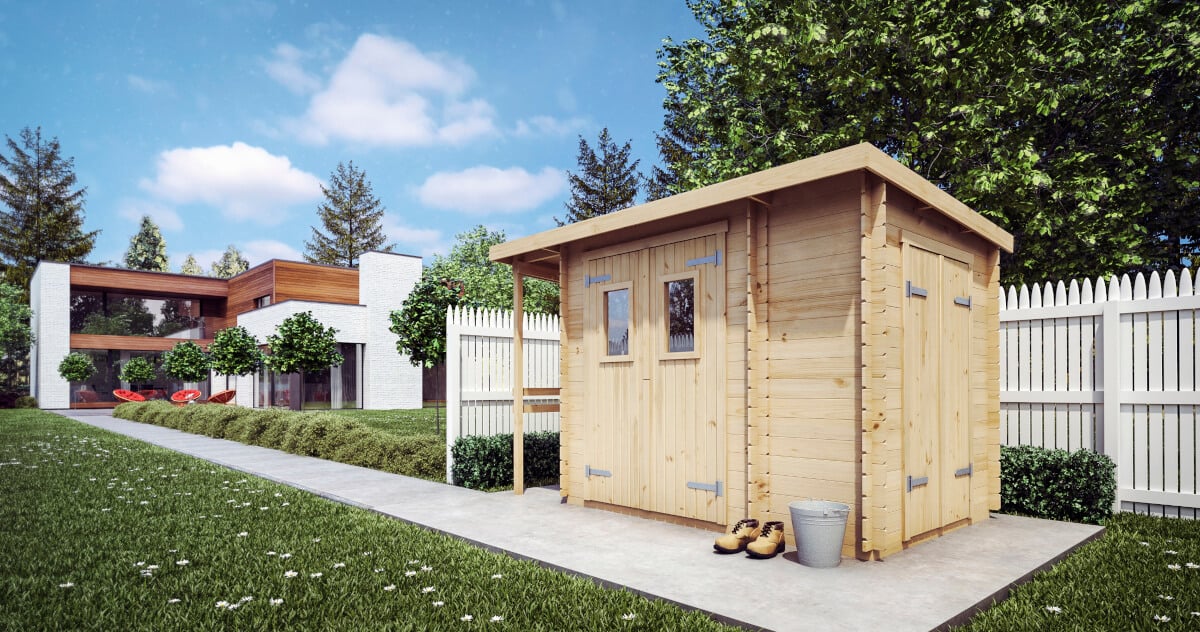 Zahradn&iacute; domek Mlecz s d&iacute;lnou a dřevn&iacute;kem &ndash; MEGIW