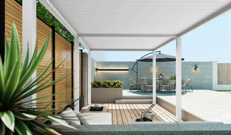 biała pergola lamelowa w pięknie zaaranżowanym ogrodzie z meblami jadalnianymi i parasolem ogrodowym