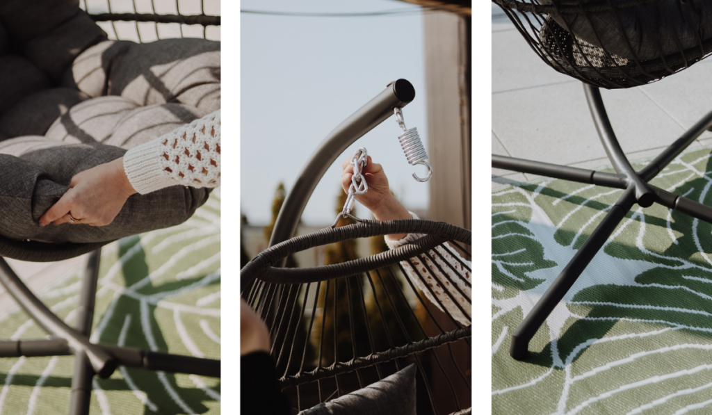 Kolaž tř&iacute; fotografi&iacute; se z&aacute;běry detailů z&aacute;věsn&eacute;ho křesla